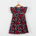  Girls’ Navy Blue Floral Dress with Ruffled Sleeves – Red Rose Print