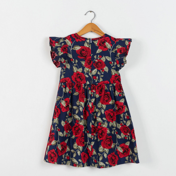 Girls’ Navy Blue Floral Dress with Ruffled Sleeves – Red Rose Print