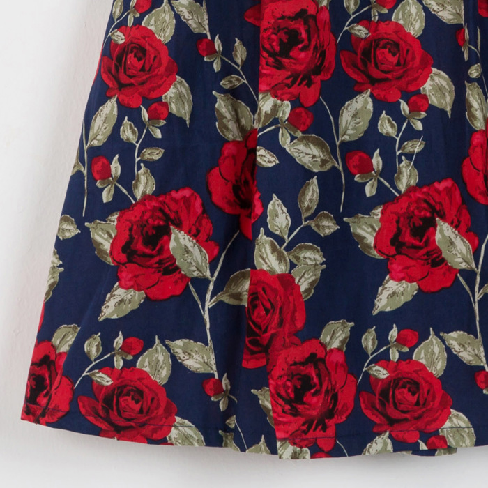 Girls’ Navy Blue Floral Dress with Ruffled Sleeves – Red Rose Print