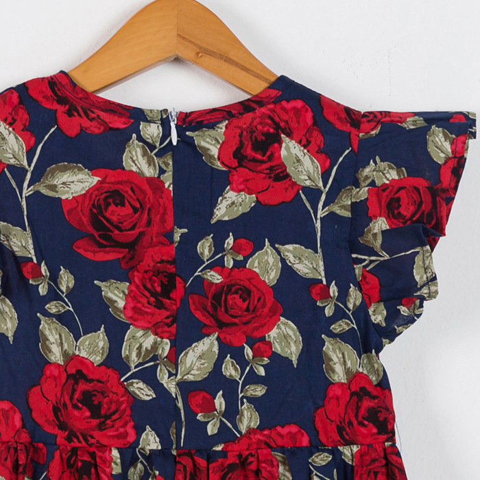 Girls’ Navy Blue Floral Dress with Ruffled Sleeves – Red Rose Print