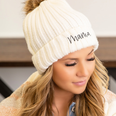 DaniEmCo MAMA EMBROIDERED BEANIE | Faux Fur Pom | Super Cozy & Soft Hat