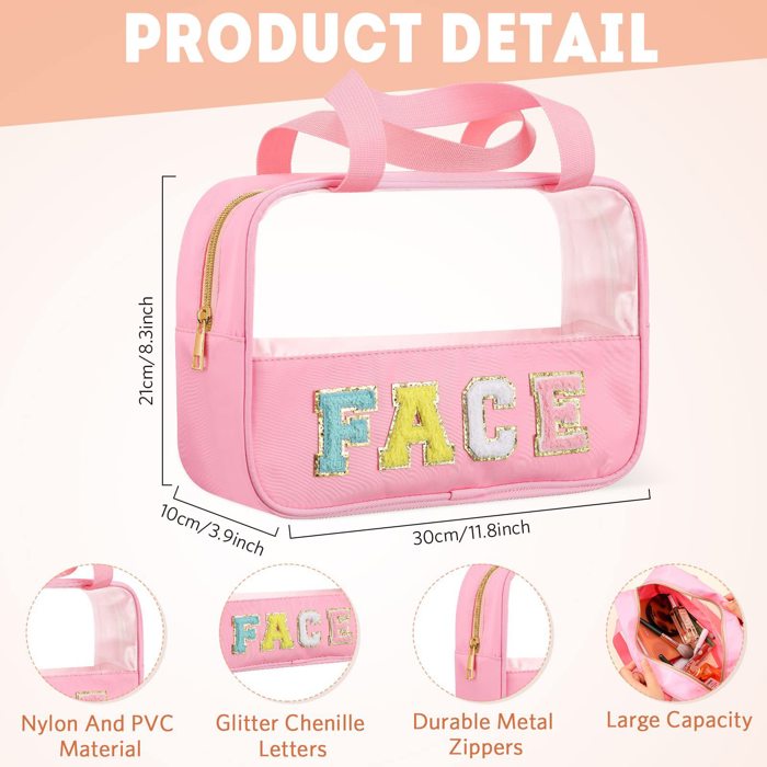 Chenille Letter Travel Bag | Clear Design | Essential Organizer | Carry Handle Make Up Bag