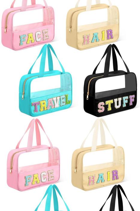 Chenille Letter Travel Bag | Clear Design | Essential Organizer | Carry Handle Make Up Bag