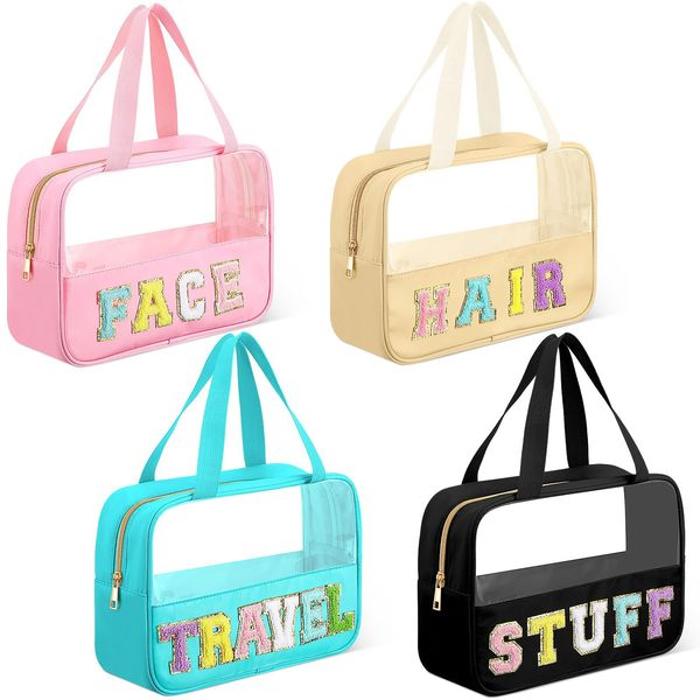 Chenille Letter Travel Bag | Clear Design | Essential Organizer | Carry Handle Make Up Bag