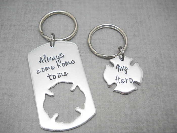Personalized Firefighter Keychain Gift Set,  Always Come Home to Me + Custom Fire Badge