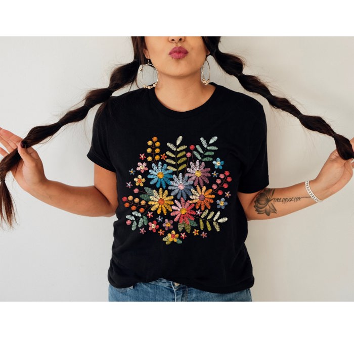 Faux (Printed, not real embroidery)    Floral Boquet Soft Cozy Longer Length Unisex Graphic Tee T-shirt