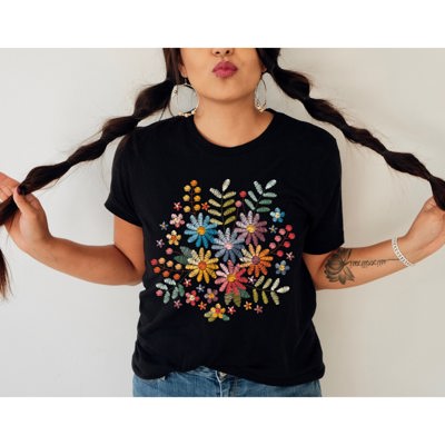 Faux (Printed, not real embroidery)    Floral Boquet Soft Cozy Longer Length Unisex Graphic Tee T-shirt
