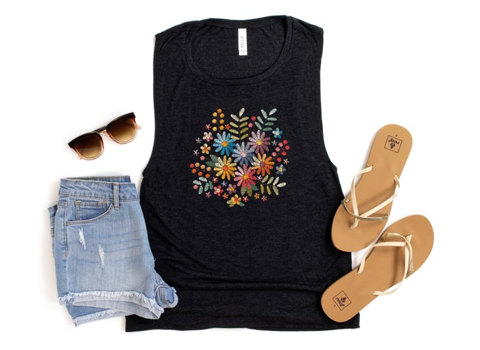 Faux (Printed, not real embroidery)    Floral Boquet Soft Cozy Longer Length Unisex Graphic Tee T-shirt