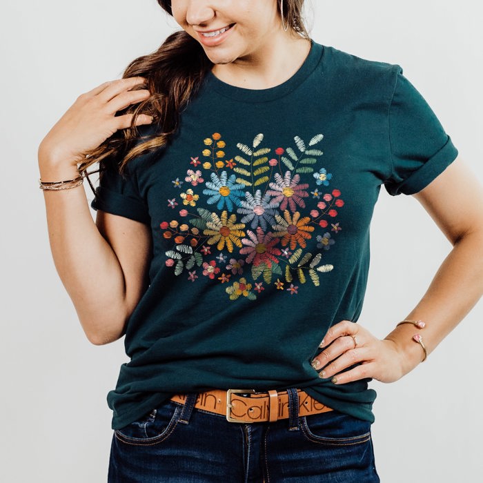 Faux (Printed, not real embroidery)    Floral Boquet Soft Cozy Longer Length Unisex Graphic Tee T-shirt