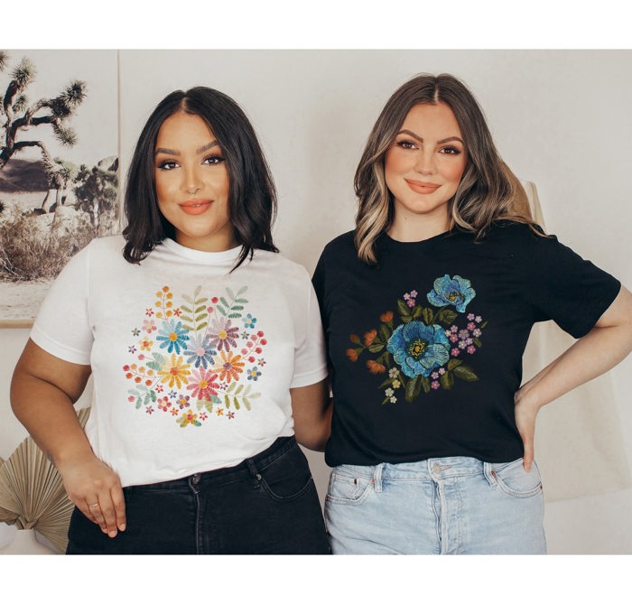 Faux (Printed, not real embroidery)    Floral Boquet Soft Cozy Longer Length Unisex Graphic Tee T-shirt