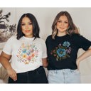  Faux (Printed, not real embroidery)    Floral Boquet Soft Cozy Longer Length Unisex Graphic Tee T-shirt