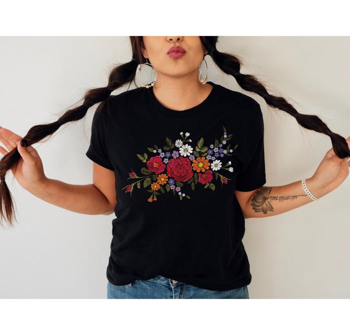 Faux (Printed, not real embroidery)    Floral Boquet Red Rose Soft Cozy Longer Length Unisex Graphic Tee T-shirt