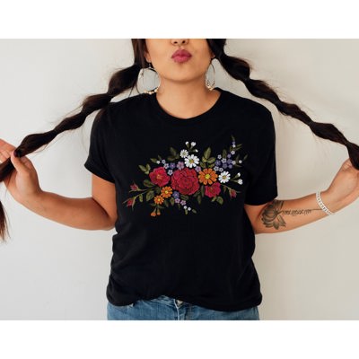Faux (Printed, not real embroidery)    Floral Boquet Red Rose Soft Cozy Longer Length Unisex Graphic Tee T-shirt