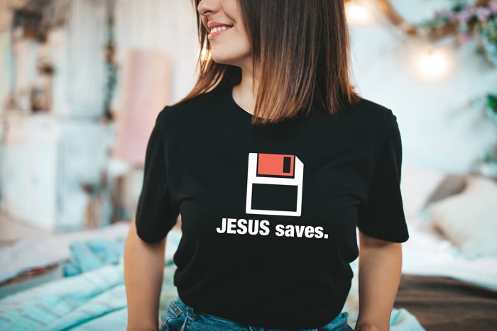 Saved in Style: Jesus Saves Floppy Disk Play on Words Soft Cozy Longer Length Unisex Graphic Tee T-shirt