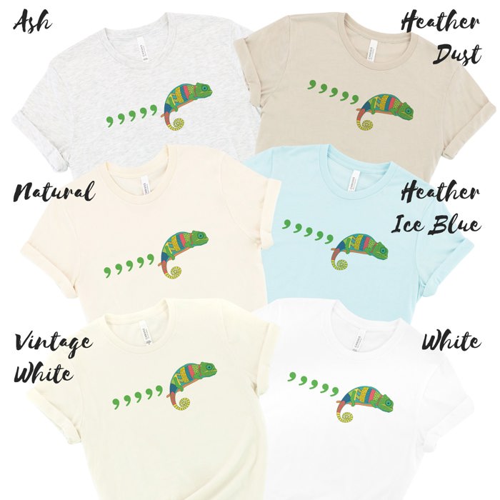 Comma Comma Comma Comma Chameleon Funny Grammar English Teacher Reading Soft Cozy Longer Length Unisex Graphic Tee T-shirt