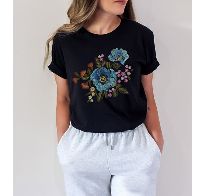 Faux (Printed, not real embroidery)   Embroidered Blue Floral Boquet Soft Cozy Longer Length Unisex Graphic Tee T-shirt