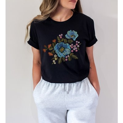 Faux (Printed, not real embroidery)   Embroidered Blue Floral Boquet Soft Cozy Longer Length Unisex Graphic Tee T-shirt
