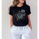  Faux (Printed, not real embroidery)   Embroidered Blue Floral Boquet Soft Cozy Longer Length Unisex Graphic Tee T-shirt