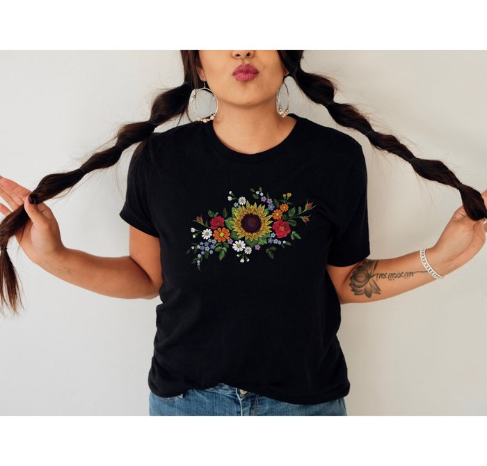 Faux (Printed, not real embroidery)    Embroidered Floral Yellow Daisy Bouque Soft Cozy Longer Length Unisex Graphic Tee T-shirt