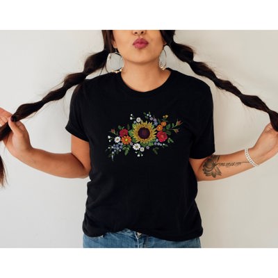 Faux (Printed, not real embroidery)    Embroidered Floral Yellow Daisy Bouque Soft Cozy Longer Length Unisex Graphic Tee T-shirt