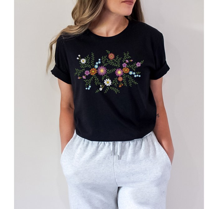 Faux (Printed, not real embroidery)    Embroidered Floral Boquet Soft Cozy Longer Length Unisex Graphic Tee T-shirt