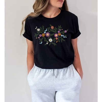 Faux (Printed, not real embroidery)    Embroidered Floral Boquet Soft Cozy Longer Length Unisex Graphic Tee T-shirt