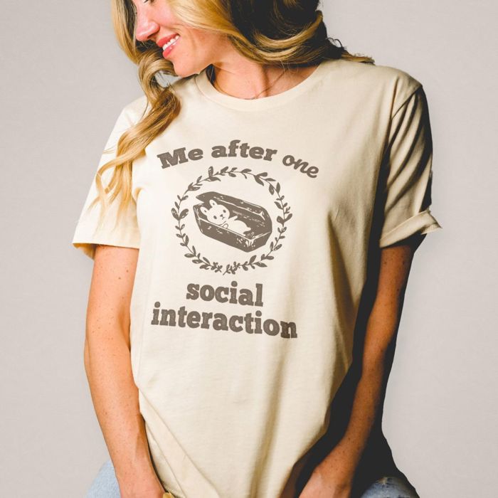 Me after one social interaction Bunny in Coffin Design - T-Shirt (Crewneck)  100 Cotton Solid Colors Jersey Tee (Unisex)  Bella Canvas, T-Shirt (Crewneck)  