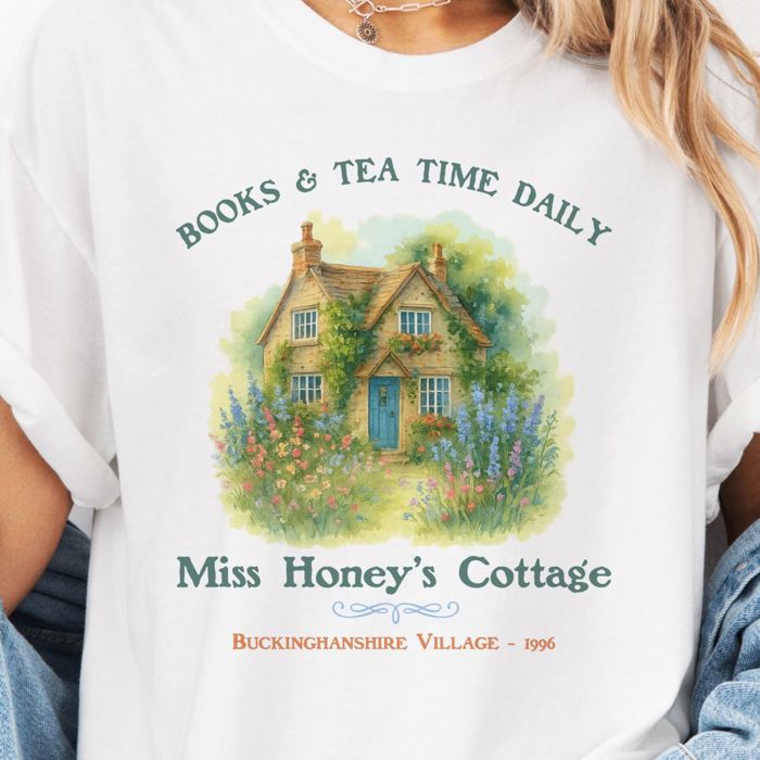 Books And Tea Time Daily Miss Honeys Cottage - Matilda - Perfect Boyfriend Boxy Fit Cotton Heavyweight Tee (Unisex)  Comfort Colors