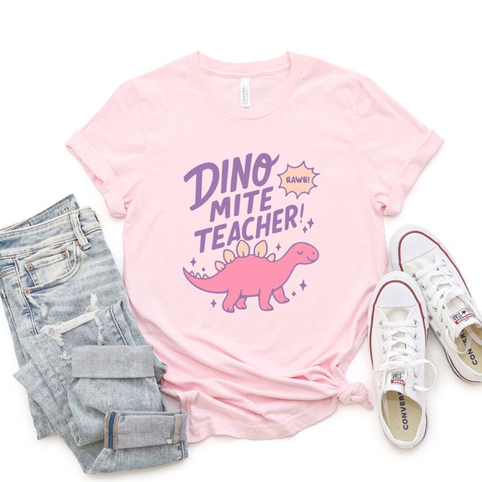 Dino-Myte Teacher Cute Pink Stegosaurus Dinosaur -Soft Comfy Cotton Solid Colors Jersey Tee (Unisex)  Bella Canvas