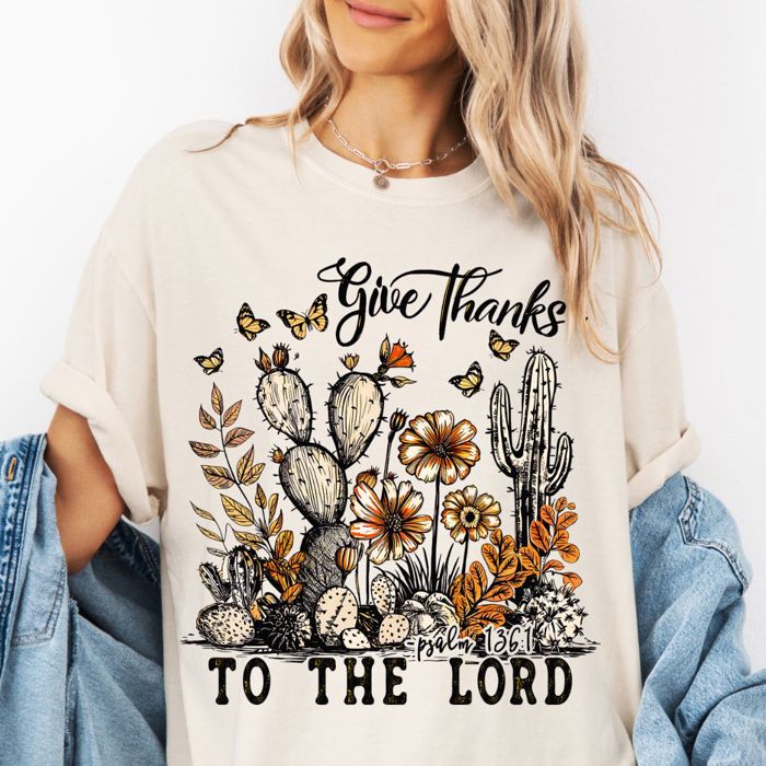 Give Thanks To The Lord Desert Fall Christian - Comfy Cotton Heavyweight Tee (Unisex)  Comfort Colors