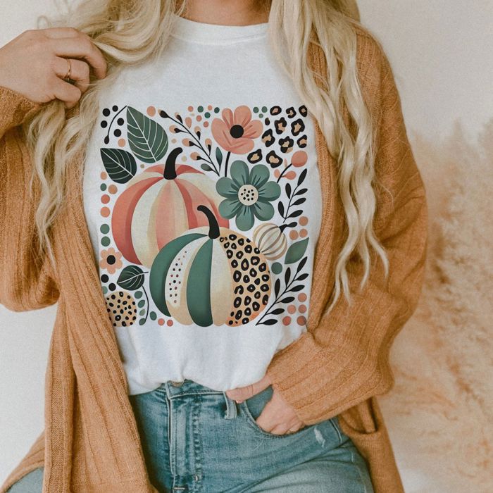Floral Cheetah Print Folk Art Style Pumpkins - T-Shirt (Crewneck)  100 Cotton Solid Colors Jersey Tee (Unisex)  Bella Canvas, T-Shirt (Crewneck)  Poly-Cotto