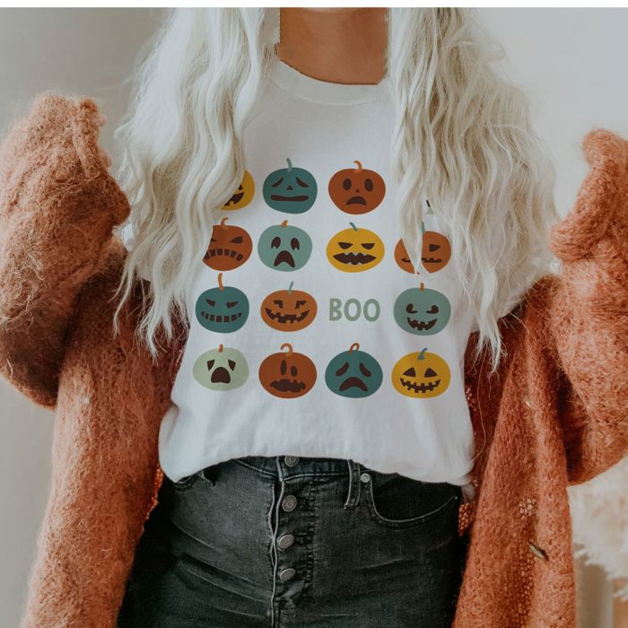 Cute and Funny Pumpkin Jack-O-Lantern Faces Halloween BOO - T-Shirt (Crewneck)  100 Cotton Solid Colors Jersey Tee (Unisex)  Bella Canvas, T-Shirt (Crewneck
