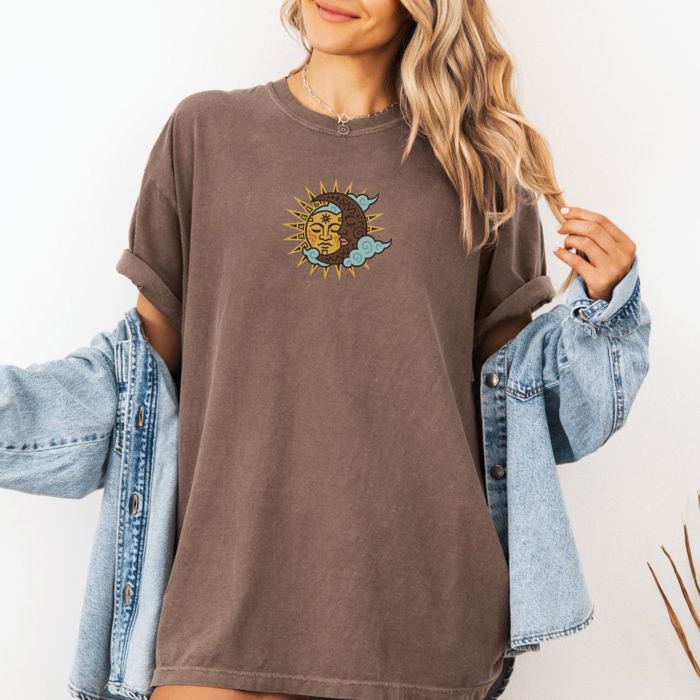 Sun And Moon Aztec Style  - T-Shirt (Crewneck)  100 Cotton Heavyweight Tee (Unisex)  Comfort Colors