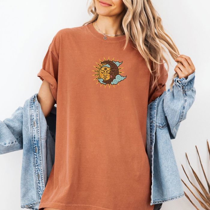 Sun And Moon Aztec Style  - T-Shirt (Crewneck)  100 Cotton Heavyweight Tee (Unisex)  Comfort Colors