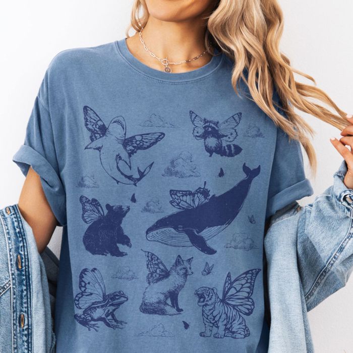 Winged Animals In The Sky Collage All Over Print - T-Shirt (Crewneck)  100 Cotton Heavyweight Tee (Unisex)  Comfort Colors