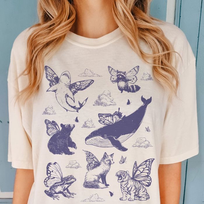 Winged Animals In The Sky Collage All Over Print - T-Shirt (Crewneck)  100 Cotton Heavyweight Tee (Unisex)  Comfort Colors