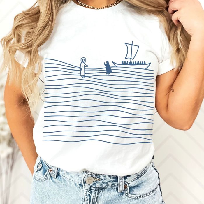 Jesus And Peter Walking On Water Sea Of Galilee Christian Bible Inspired - T-Shirt (Crewneck)  100 Cotton Solid Colors Jersey Tee (Unisex)  Bella Canvas, T-