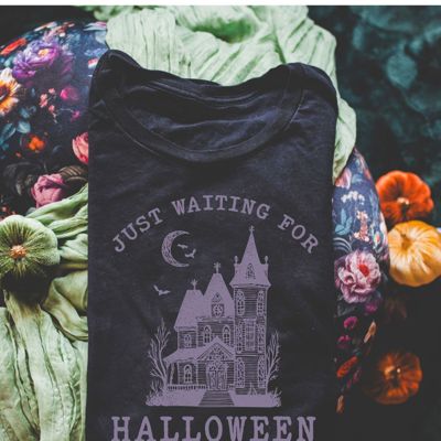 Just Waiting For Halloween Spooky Haunted House Mansion - T-Shirt (Crewneck)  100 Cotton Solid Colors Jersey Tee (Unisex)  Bella Canvas, T-Shirt (Crewneck) 