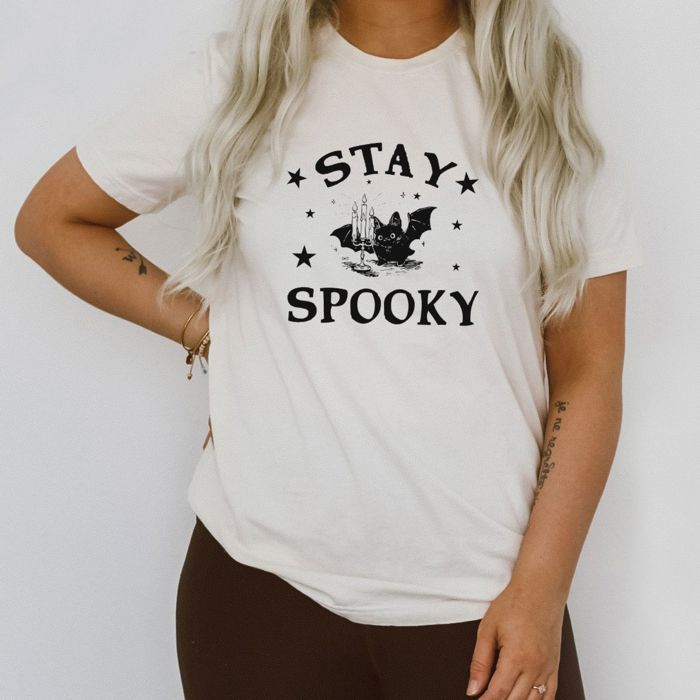 Stay Spooky Halloween Super Cute Bat With Candlebra - Soft and Comfy Bella Canvas, T-Shirt (Crewneck) 