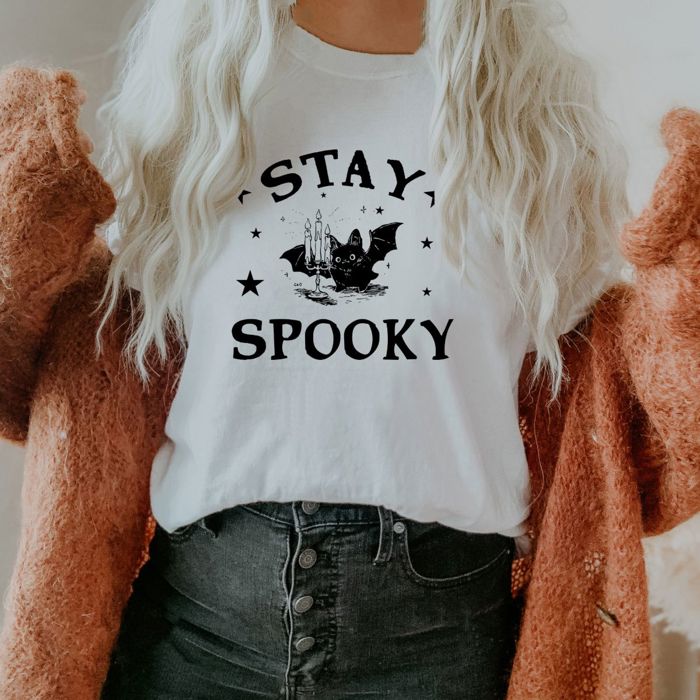 Stay Spooky Halloween Super Cute Bat With Candlebra - Soft and Comfy Bella Canvas, T-Shirt (Crewneck) 