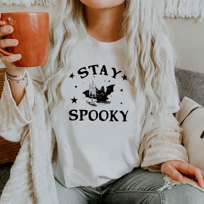 Stay Spooky Halloween Super Cute Bat With Candlebra - Soft and Comfy Bella Canvas, T-Shirt (Crewneck) 