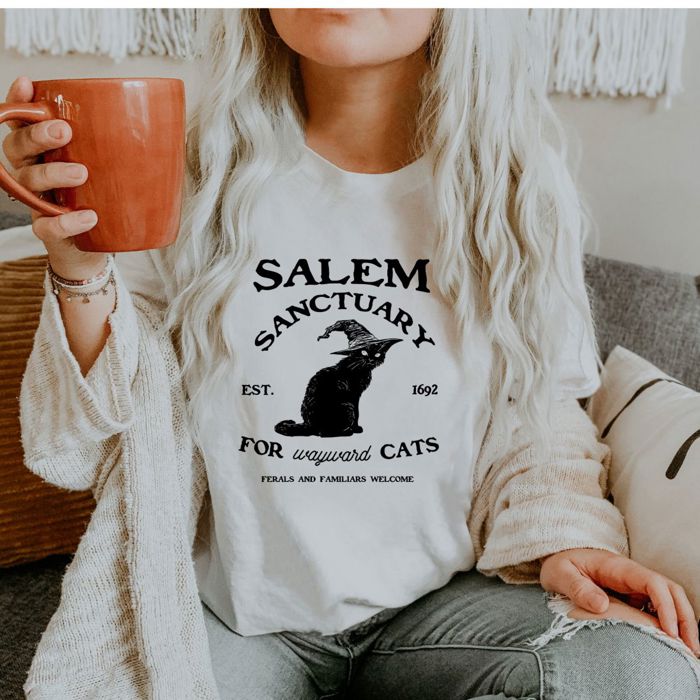 Salem Sanctuary For Wayward Cats Cute Halloween Fall - T-Shirt (Crewneck)  100 Cotton Solid Colors Jersey Tee (Unisex)  Bella Canvas, T-Shirt (Crewneck)  Po