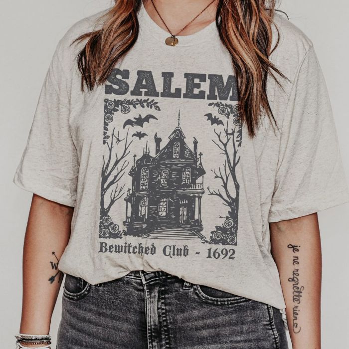 Salem Bewitched Club Halloween Fall Style - T-Shirt (Crewneck)  100 Cotton Solid Colors Jersey Tee (Unisex)  Bella Canvas, T-Shirt (Crewneck)  Poly-Cotton H