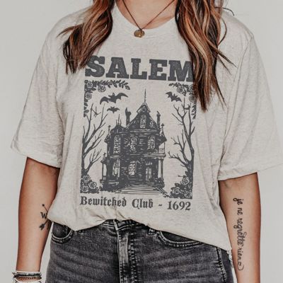 Salem Bewitched Club Halloween Fall Style - T-Shirt (Crewneck)  100 Cotton Solid Colors Jersey Tee (Unisex)  Bella Canvas, T-Shirt (Crewneck)  Poly-Cotton H