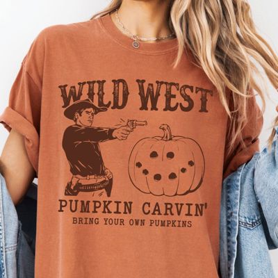 Wild West Pumpkin Carving Funny Western Halloween Fall - Soft and Comfy Cotton Heavyweight Tee (Unisex)  Comfort Colors