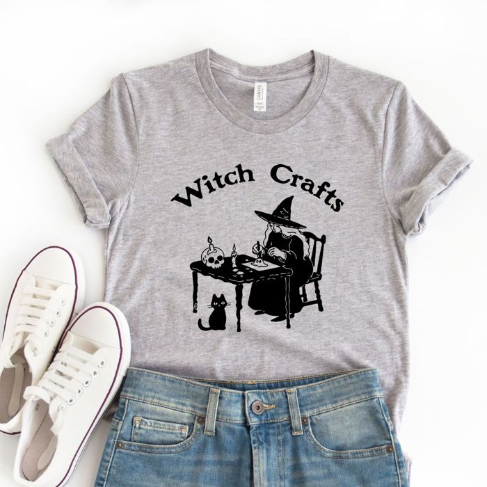 Witch Crafts Funny Halloween Crafting Fall Witch - T-Shirt (Crewneck)  100 Cotton Solid Colors Jersey Tee (Unisex)  Bella Canvas, T-Shirt (Crewneck)  Poly-C