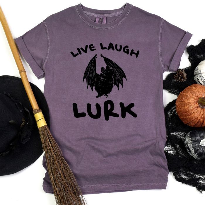 Live Laugh Lurk Halloween Hanging Bat - T-Shirt (Crewneck)  100 Cotton Heavyweight Tee (Unisex)  Comfort Colors
