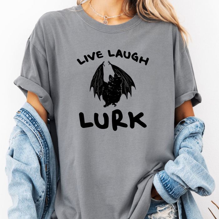 Live Laugh Lurk Halloween Hanging Bat - T-Shirt (Crewneck)  100 Cotton Heavyweight Tee (Unisex)  Comfort Colors