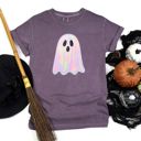  Faux (Printed, not real fabric / iridescence)   Irredescent Spooky Cute Ghost Halloween Inspired - T-Shirt (Crewneck)  100 Cotton Heavyweight Tee (Unisex)  Comfort Colors