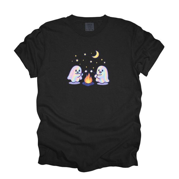 Faux (Printed, not real fabric / iridescence)   Irredescant Cute Spooky Halloween Ghosts Making Smores Around A Campfire - T-Shirt (Crewneck)  100 Cotton Heavyweight Tee (Unisex)  Comfort Colors